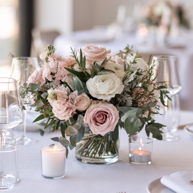 Détail de table de réception : bouquet blanc et menu
